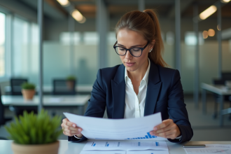 Femme d'affaires analysant un graphique dans un bureau moderne