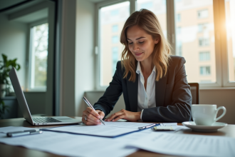 Femme d'affaires remplissant des documents d'entreprise dans un bureau lumineux