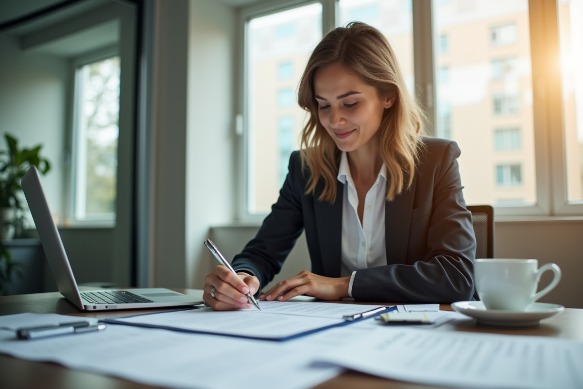 Femme d'affaires remplissant des documents d'entreprise dans un bureau lumineux
