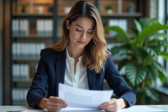 Femme d'affaires en revue de contrat dans un bureau moderne