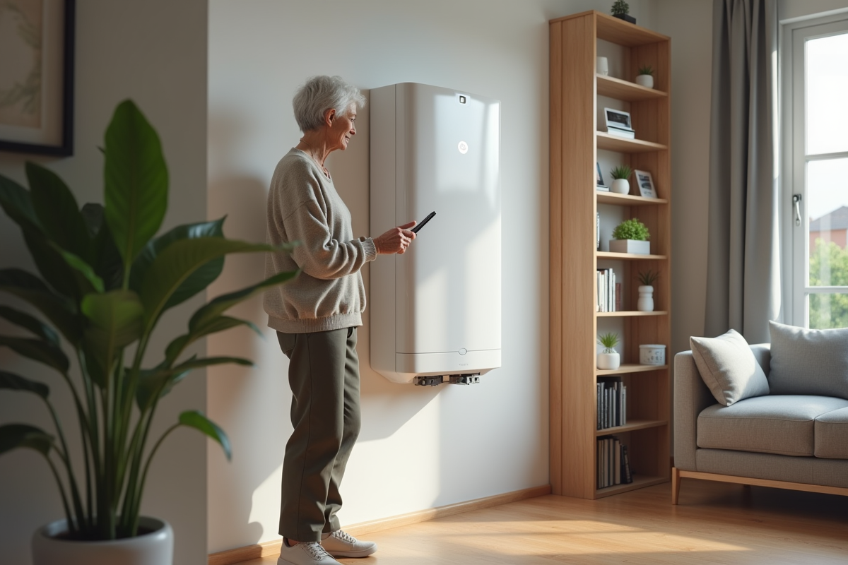 Femme agee vérifiant une batterie domestique dans son salon