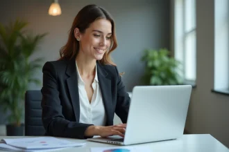 Femme d'affaires analysant des statistiques sur un ordinateur