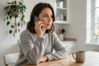 Femme contactant le service client Orange par téléphone depuis son domicile