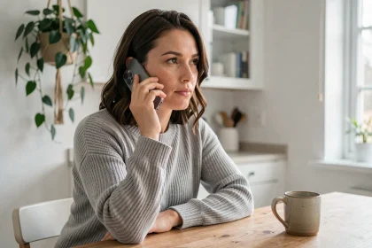 Femme contactant le service client Orange par téléphone depuis son domicile