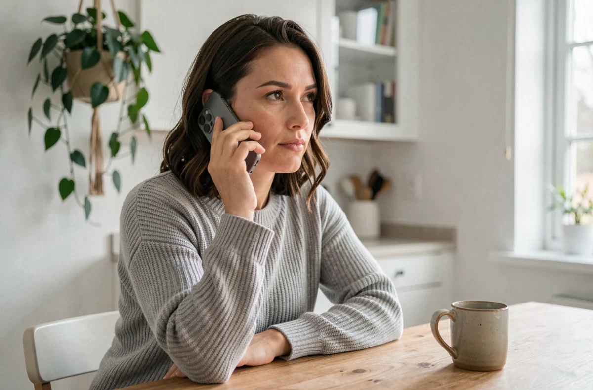 Femme contactant le service client Orange par téléphone depuis son domicile
