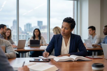 Femme en classe moderne prenant des notes lors d'une formation