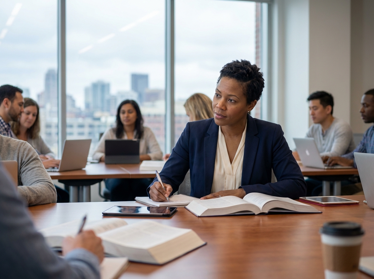 Femme en classe moderne prenant des notes lors d'une formation