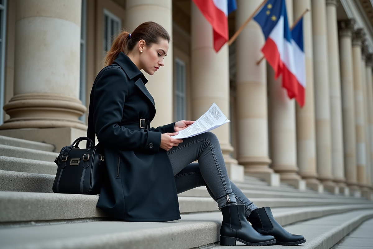 Jeune femme lisant un avis officiel devant un bâtiment