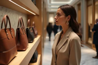 Femme élégante regardant des sacs de luxe en boutique