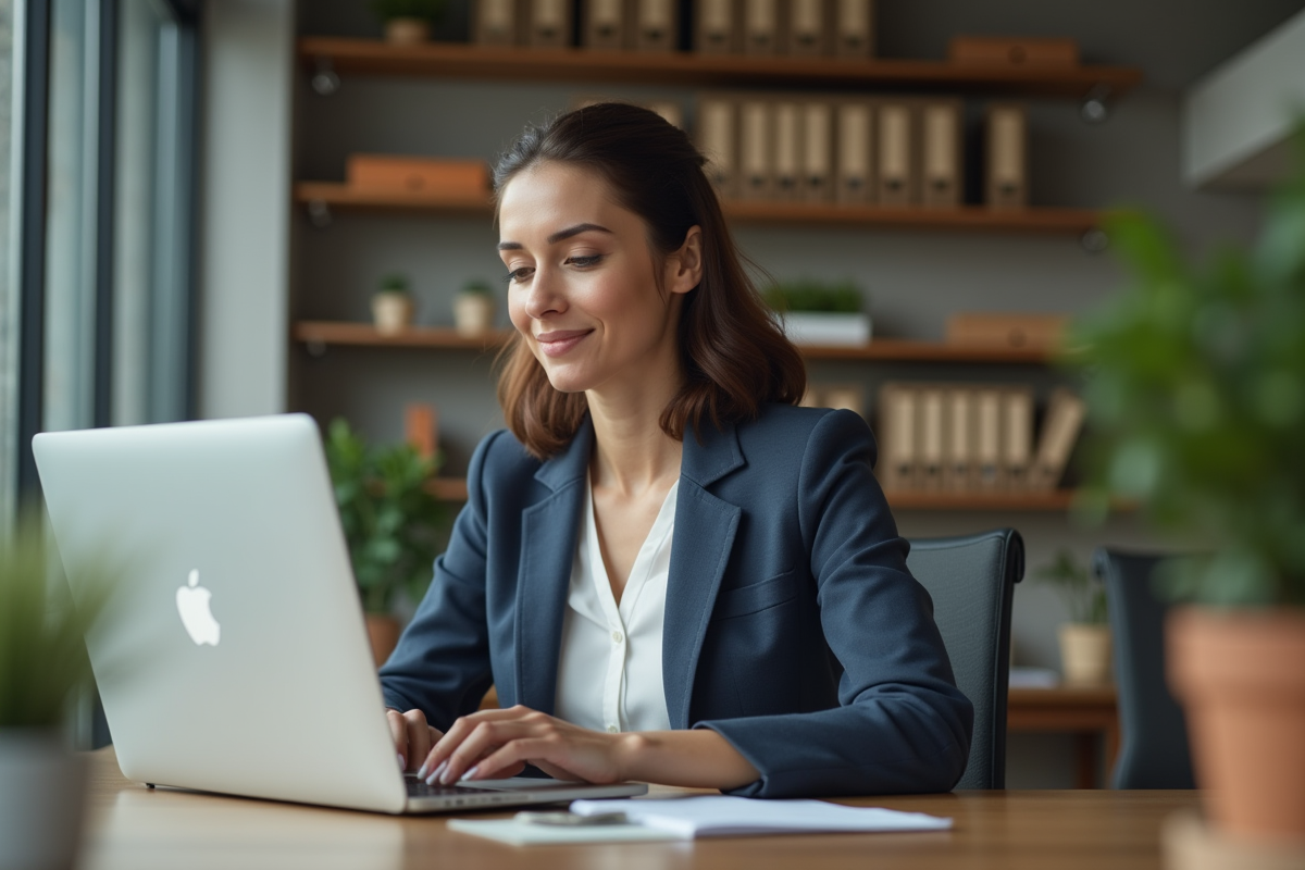 Femme en bureau regardant son écran d'ordinateur