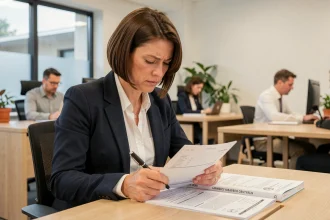 Femme cadre en entreprise consultant sa fiche de paie et la Convention Collective 51 à son bureau