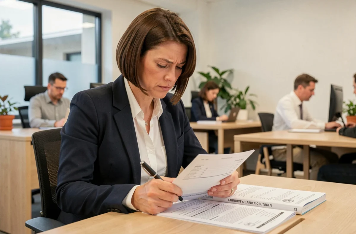 Femme cadre en entreprise consultant sa fiche de paie et la Convention Collective 51 à son bureau