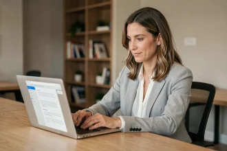 Femme professionnelle consultant un document médical numérique sur ordinateur portable dans un bureau moderne