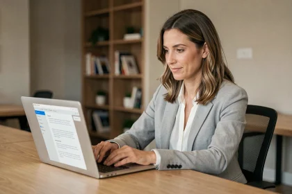 Femme professionnelle consultant un document médical numérique sur ordinateur portable dans un bureau moderne