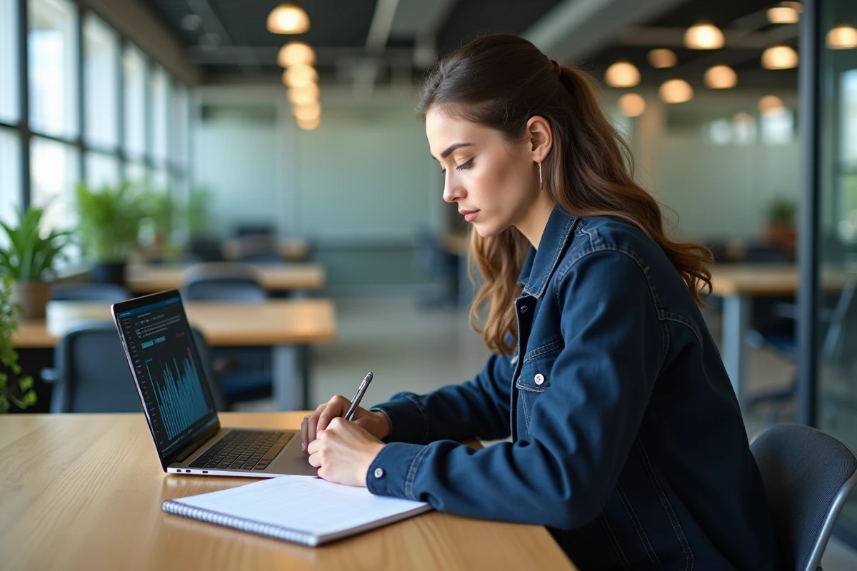 Femme en bureau moderne examinant un tableau de bord sur son ordinateur