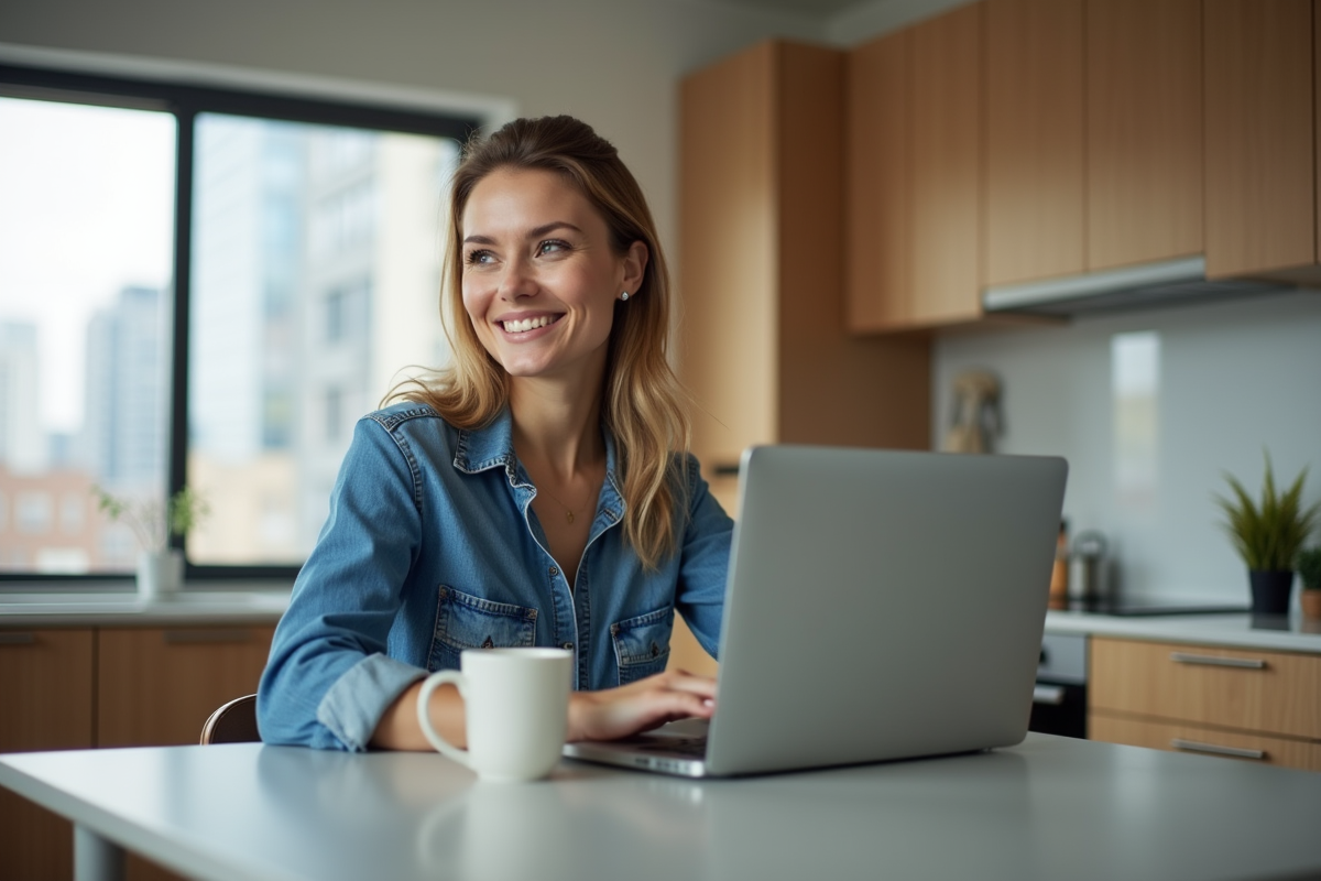 Femme souriante vérifiant ses emails dans une cuisine moderne