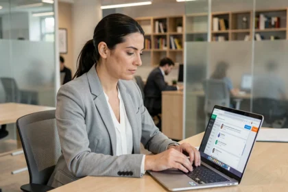 Femme professionnelle consultant des notifications de documents sur un tableau de bord numérique dans un bureau moderne