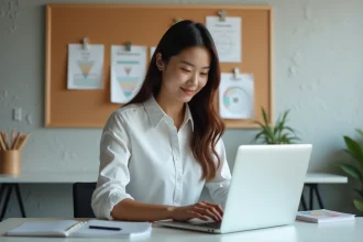 Jeune femme travaillant sur son ordinateur dans un bureau minimaliste