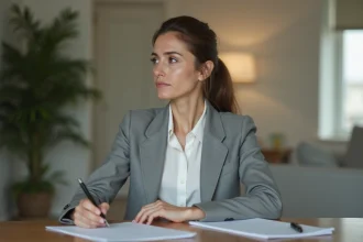 Femme épuisée assise à son bureau tenant un stylo devant une feuille blanche pour rédiger une lettre de rupture conventionnelle après un burn-out