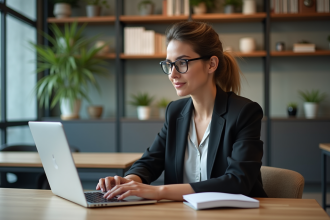Jeune femme au bureau travaillant sur son ordinateur portable