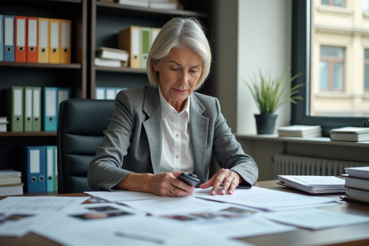 Femme au bureau classant des papiers et photos