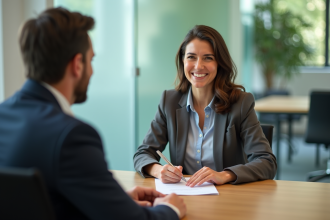 Femme souriante en coworking lors d'un coaching d'affaires