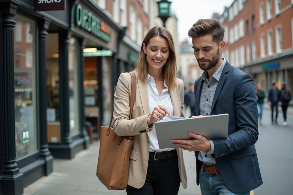 Femme consultante pointant un plan sur un smartphone en ville