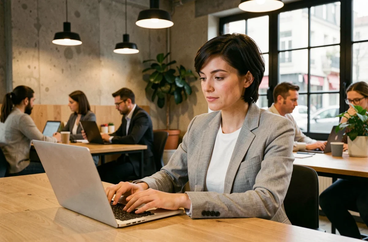 Femme travaillant sur un ordinateur portable dans un espace de coworking moderne à Colomiers avec bureaux partagés en bois