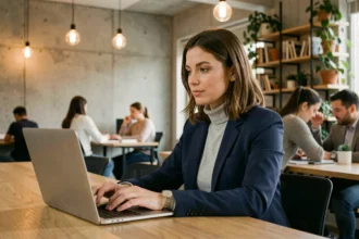 Femme travaillant en espace de coworking à Marcq-en-Baroeul avec laptop et décor contemporain