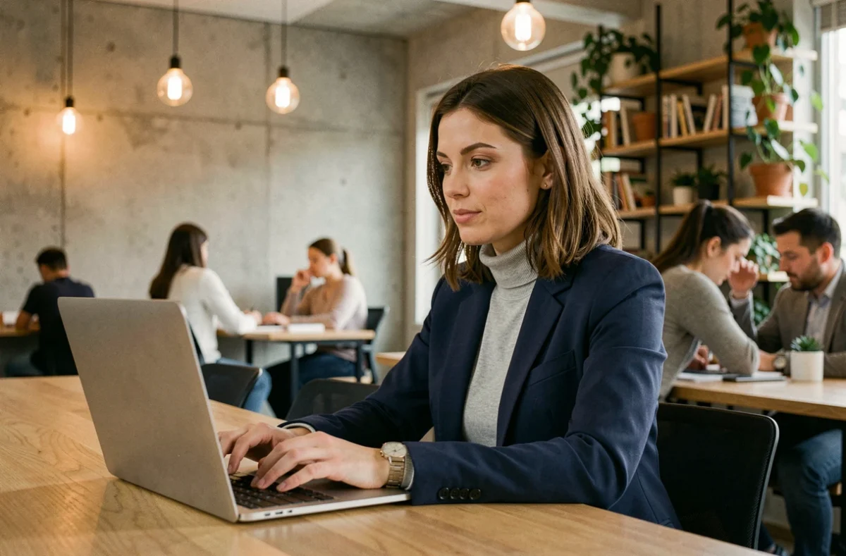 Femme travaillant en espace de coworking à Marcq-en-Baroeul avec laptop et décor contemporain