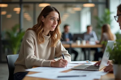 Femme en coworking discutant de design web