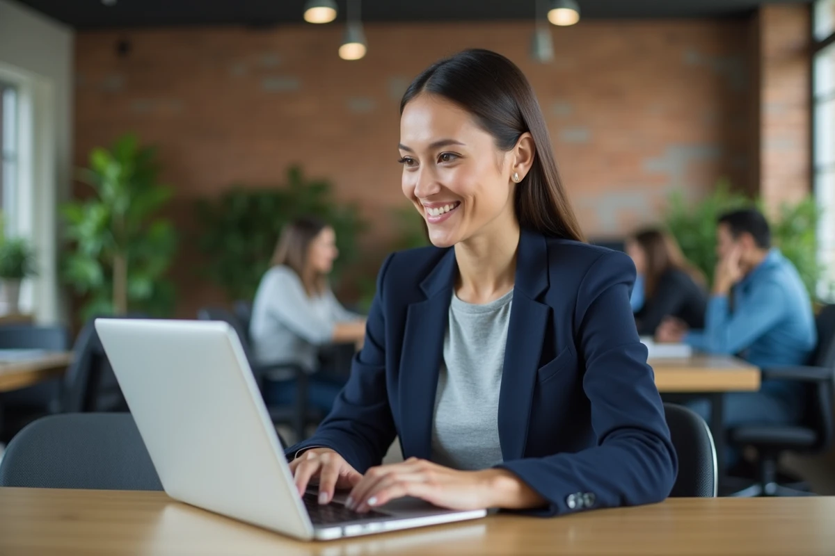 Femme entrepreneur consultant le site Barometre-entreprendre.fr sur un ordinateur portable dans un espace de coworking moderne