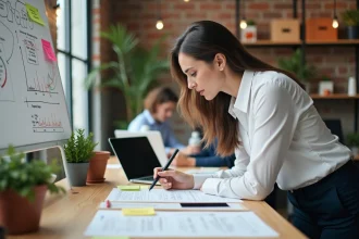 Jeune femme entrepreneure penchée sur son bureau avec un plan d'affaires et un tableau blanc dans un espace de co-working moderne
