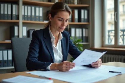 Femme professionnelle examinant des documents de brevet INPI dans un bureau administratif moderne à Paris