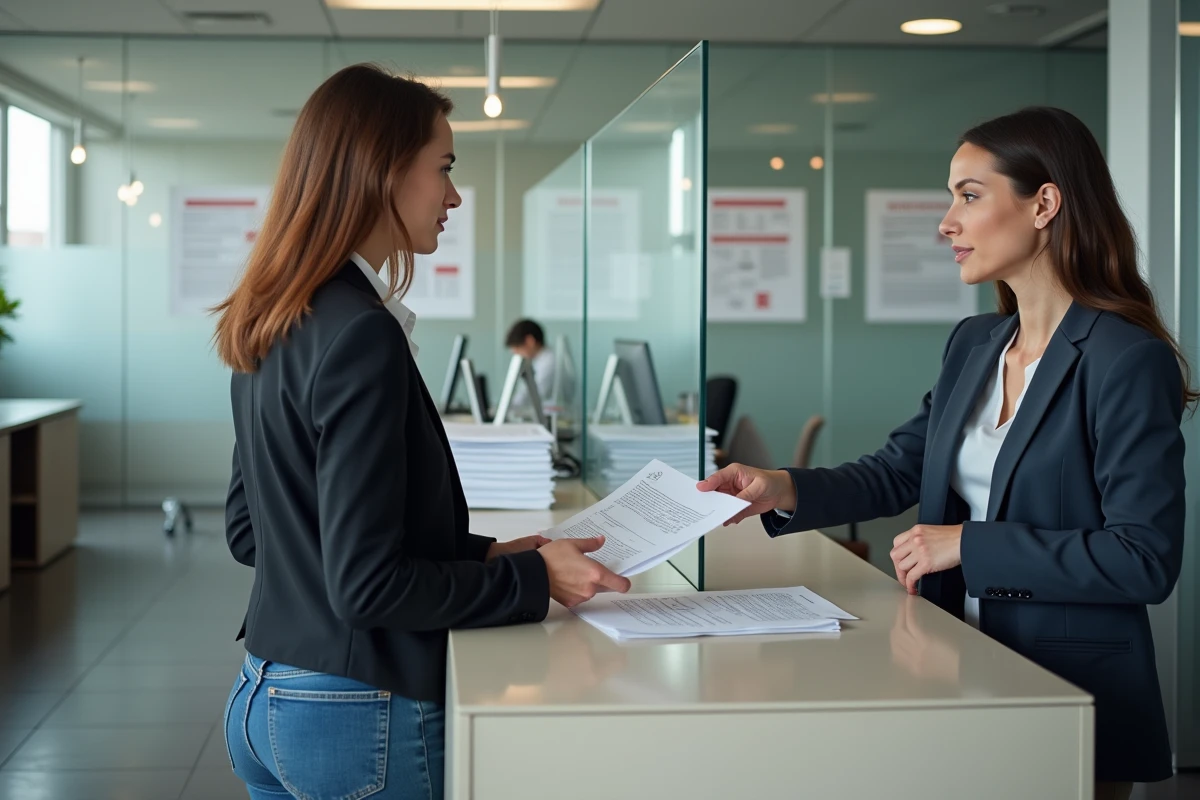 Jeune femme remettant un formulaire à un agent administratif