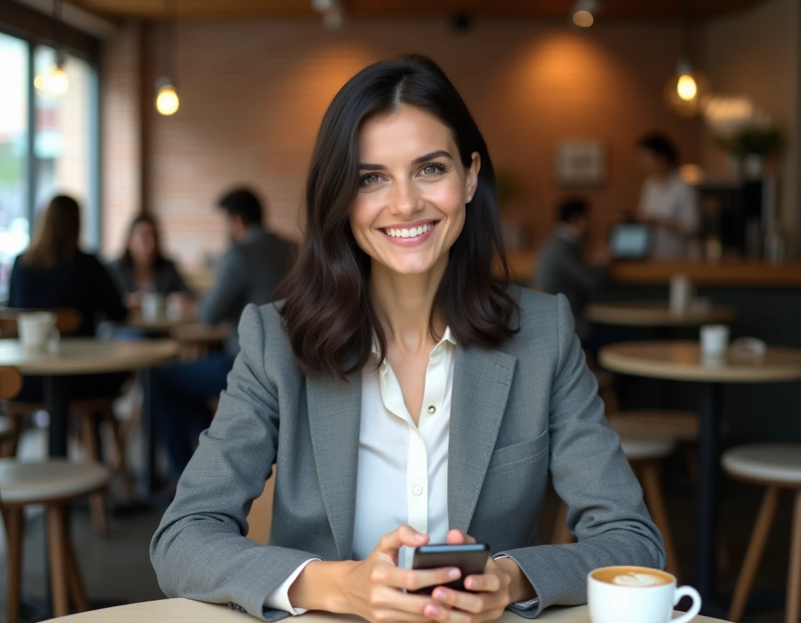 Jeune femme consultant une application d'investissement sur smartphone dans un café urbain tendance