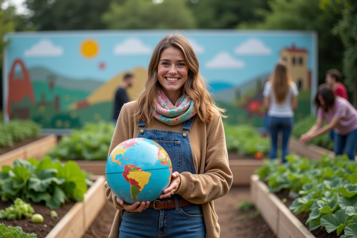 Jeune femme dans un jardin communautaire avec globe