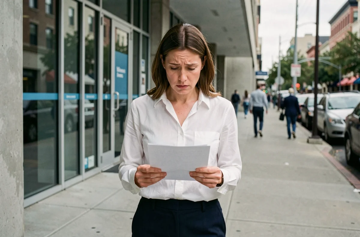 Une femme lit une lettre de refus d'indemnisation chômage devant un centre Pôle emploi après une faute grave au travail