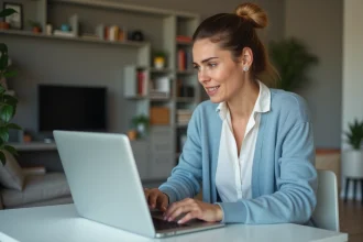 Femme concentrée devant son ordinateur en télétravail