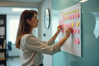 Femme arrangeant des notes colorées sur un calendrier au bureau