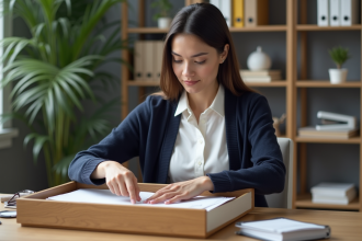 Jeune femme organisée dans son bureau en train d'ouvrir un tiroir
