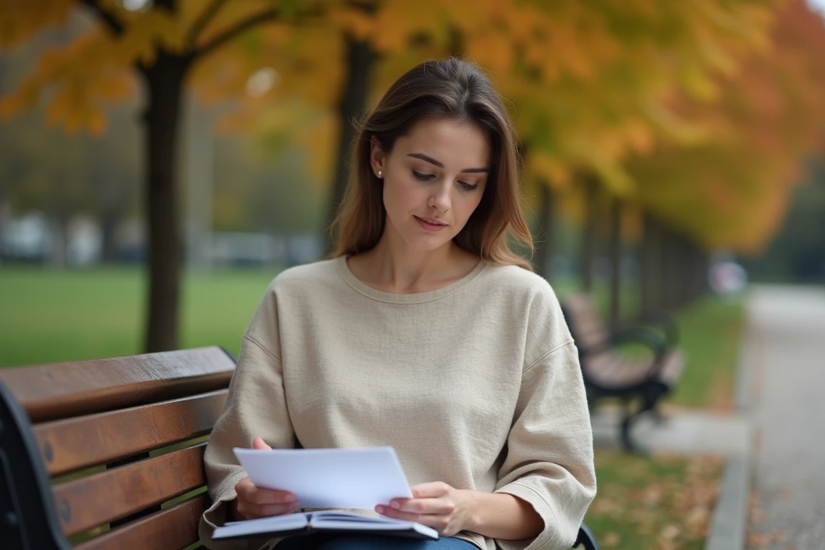 Femme assise sur un banc de parc en automne relisant des documents relatifs à sa rupture conventionnelle après un burn-out professionnel