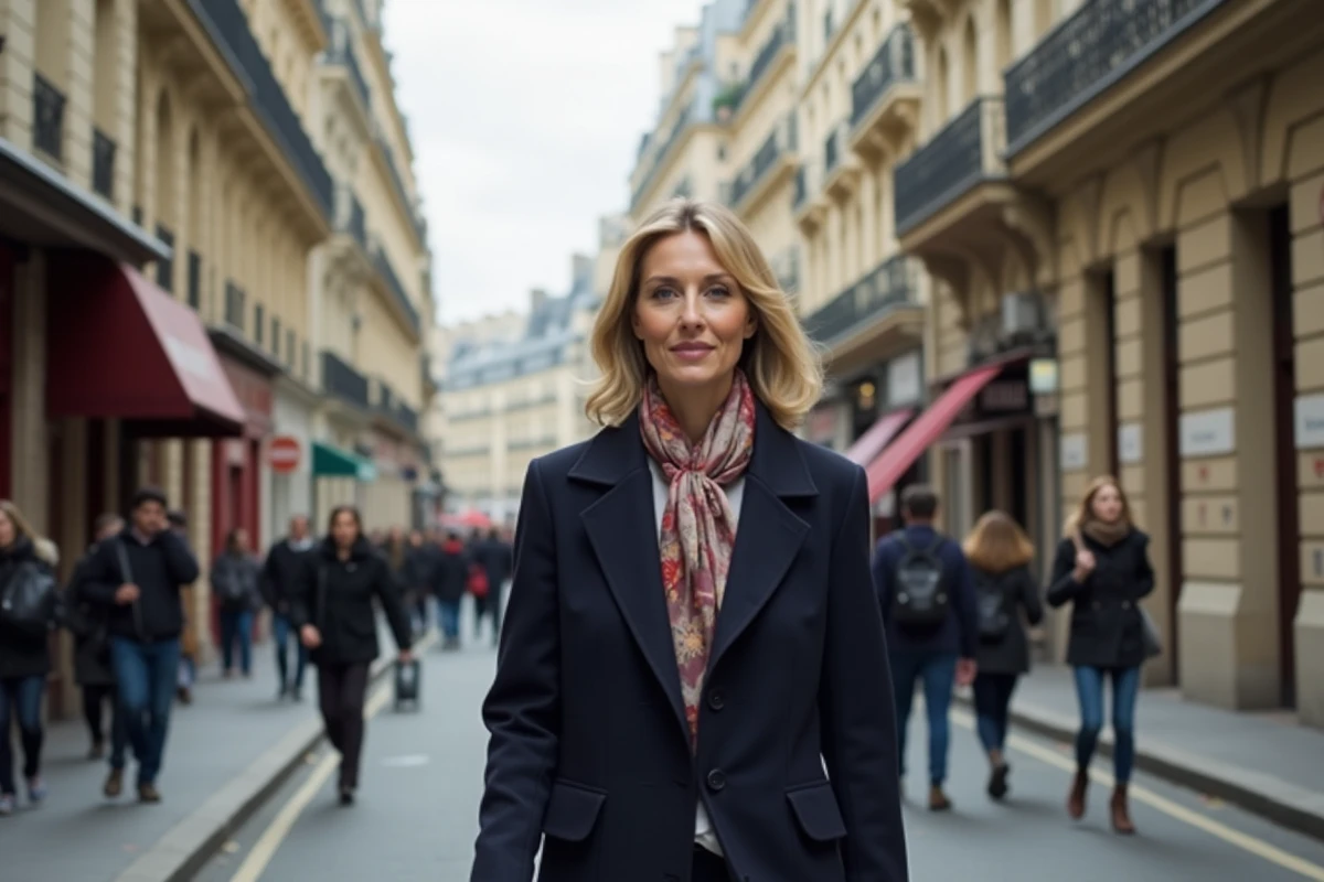 Femme élégante marche sur boulevard haussmannien