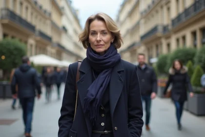 Femme &eacute;l&eacute;gante en manteau navy dans une rue parisienne