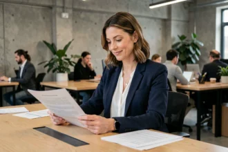 Femme professionnelle en portage salarial travaillant dans un espace de co-working moderne avec liberté et autonomie