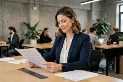 Femme professionnelle en portage salarial travaillant dans un espace de co-working moderne avec liberté et autonomie