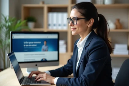 Femme consultant le portail Prodouane sur un ordinateur portable dans un bureau administratif