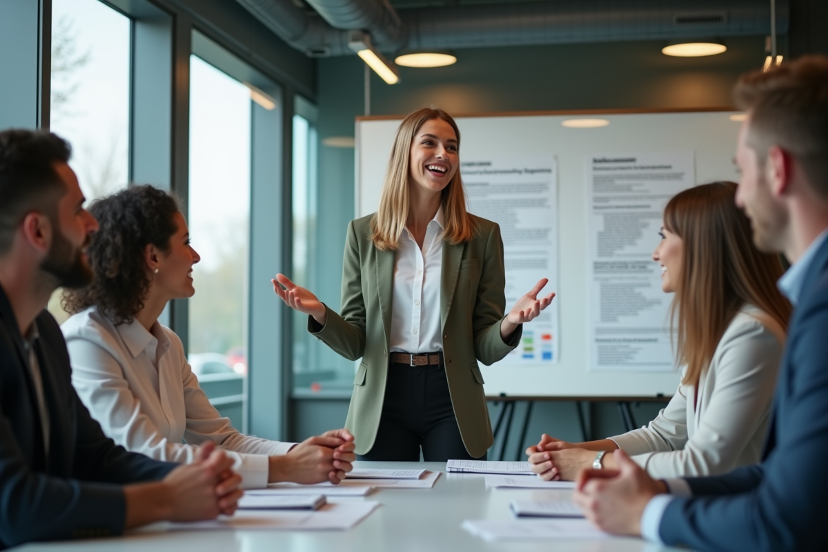 Jeune femme en réunion présentant des options de campagne