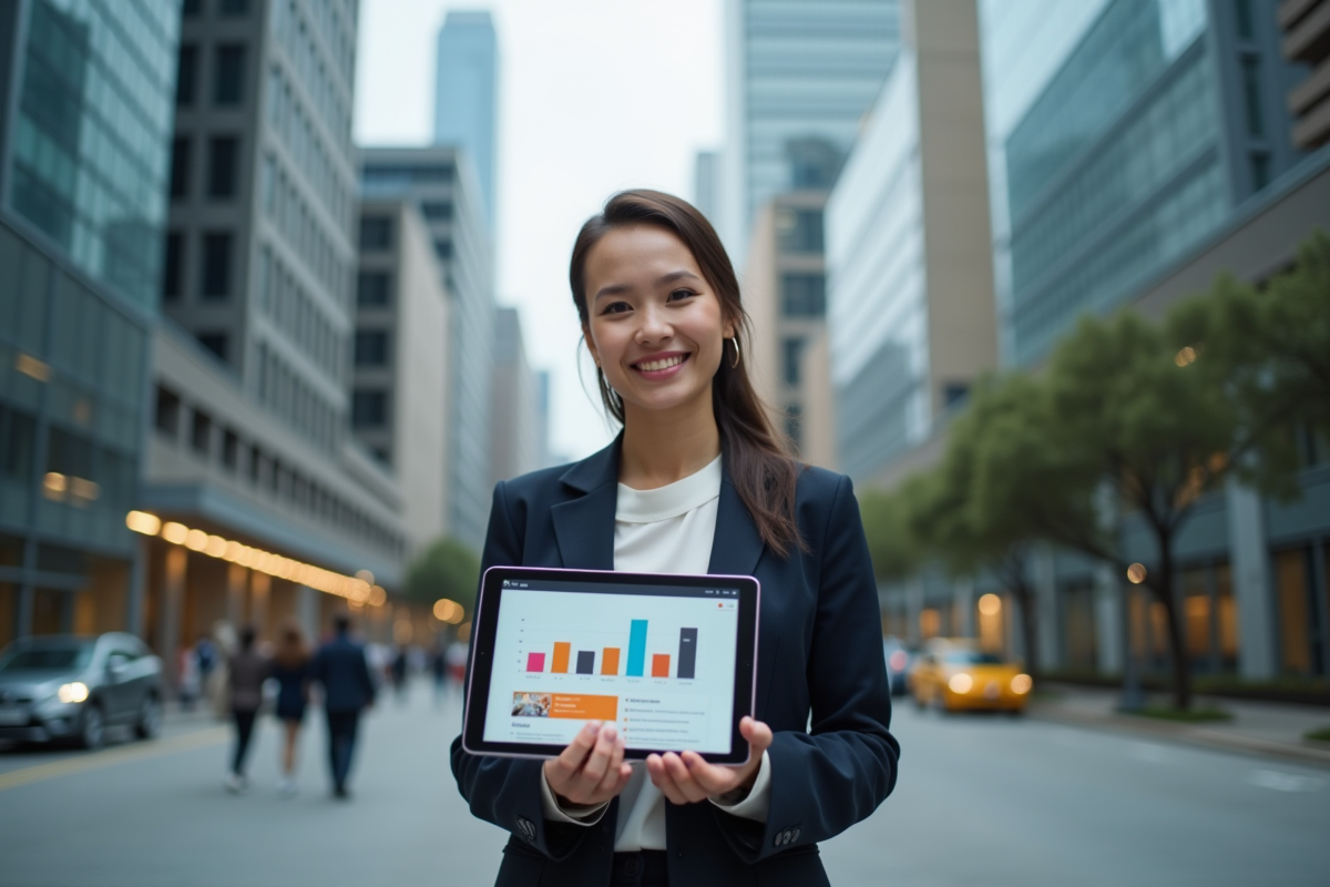 Jeune femme présentant un tableau de bord marketing en extérieur