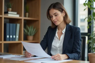 Femme professionnelle qui analyse une offre commerciale claire sur papier dans un bureau moderne